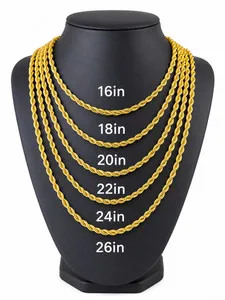 Authentic Gold Plated Rope Chain Necklace 4mm Size 16" to 26", Men