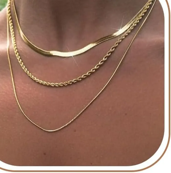 Authentic 3PCS Gold Necklaces for Women,Chunky Statement Gold Plated Necklace Stack Layere