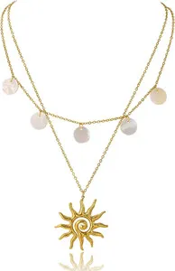 Authentic Gold Necklace for Women, Dainty 14K Gold Plated Layered Sun Pendant Necklace Gol