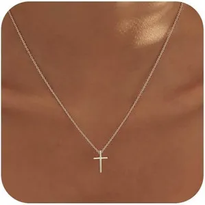 Authentic Cross Necklace for Women, Dainty 14K Gold Plated Cross Pendant Necklace Small Cr