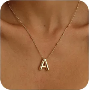 Authentic Initial Necklaces for Women, 14K Gold Plated Bubble Letter Necklace Chunky Gold