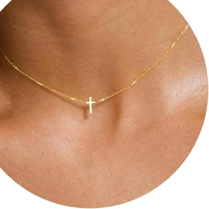 Authentic Dainty Cross Necklace for Women, 14K Gold Plated Simple Cross Choker Necklaces S