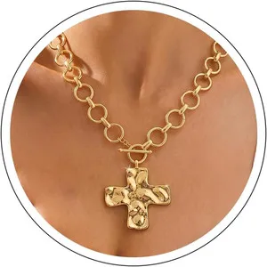 Authentic Cross Necklace for Women - Chunky 14K Gold Plated Cross Pendant Necklaces Trendy