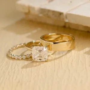 Authentic The Celestial Trio: Asscher Cut Radiant Amulet Ring in 14K Gold Plated Resonance
