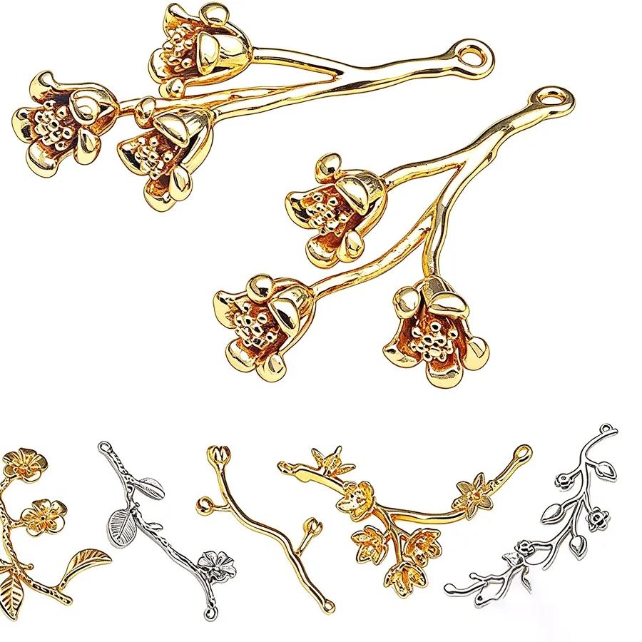 Authentic 18K Gold Color Flower Branch Charms Pendants High Quality Diy Jewelry Making Necklace Earrings Accessories for Women