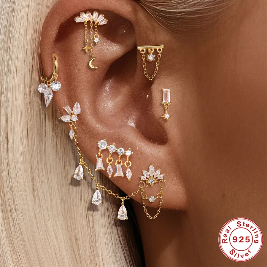 Authentic Aide 925 Silver Chains Stud Earrings Flat Head Threaded Puncture Ear Bone Charms For Studs Hoops Clif Fine Jewelry 1Pc