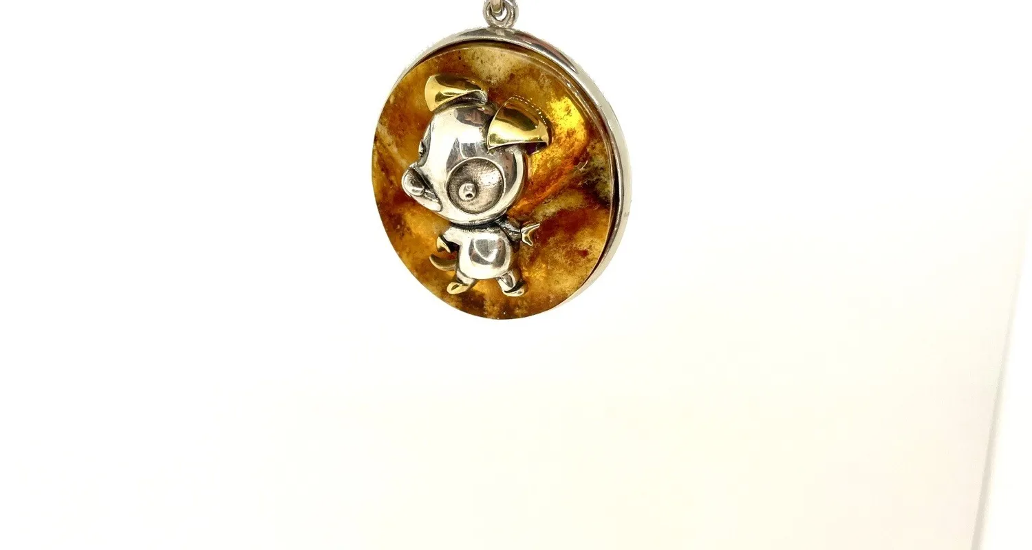 Authentic Silver Pendant Dog Amber Natural Plate Oval Shape Gold Plated Love Dogs