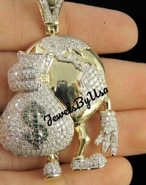 Authentic Men's Genuine Moissanite 3D Earth Money Globe Charm Pendant Gold Plated Silver