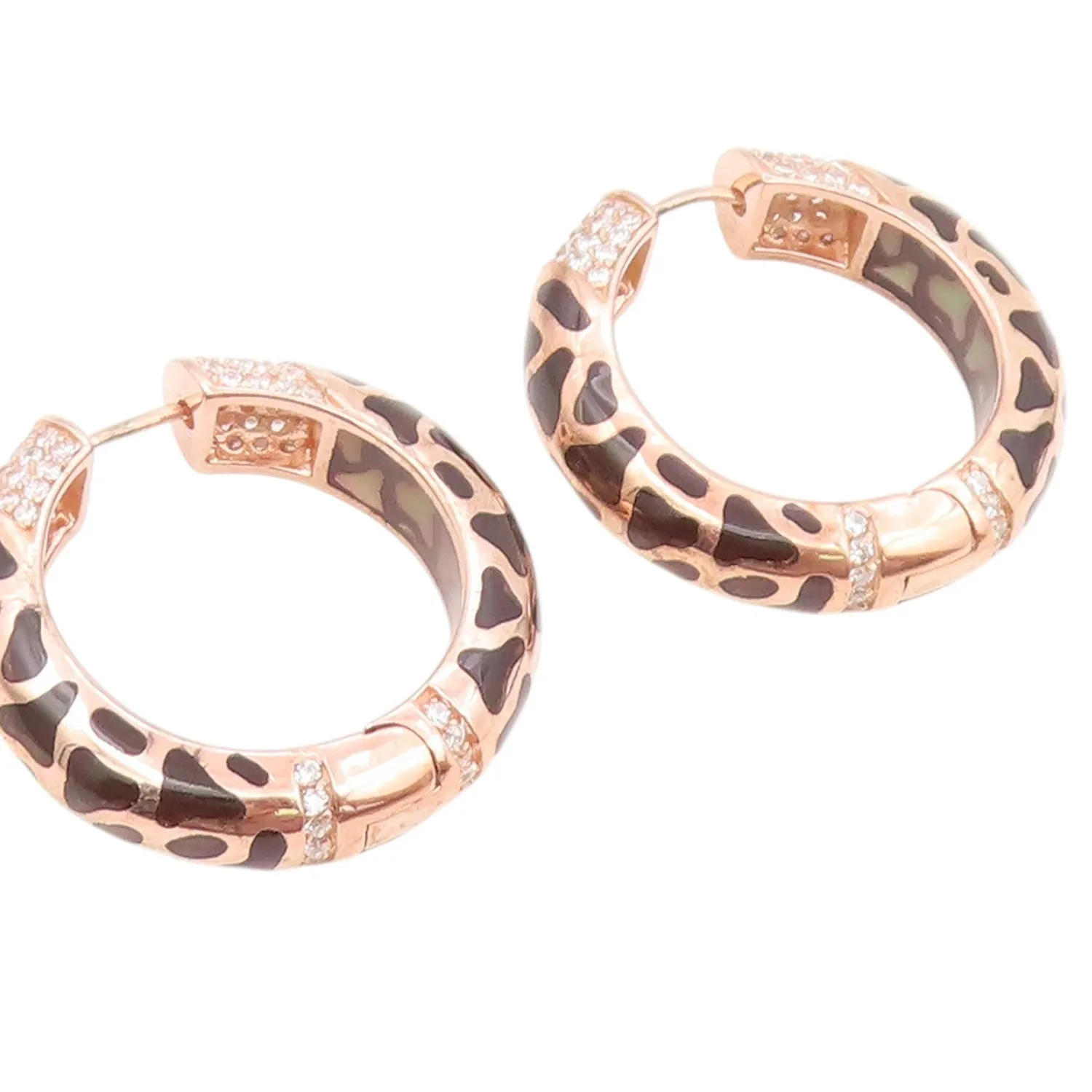 Authentic 925 Sterling Silver Vintage Earrings Gold Plated CZ Leopard Spot Hoops EG14522