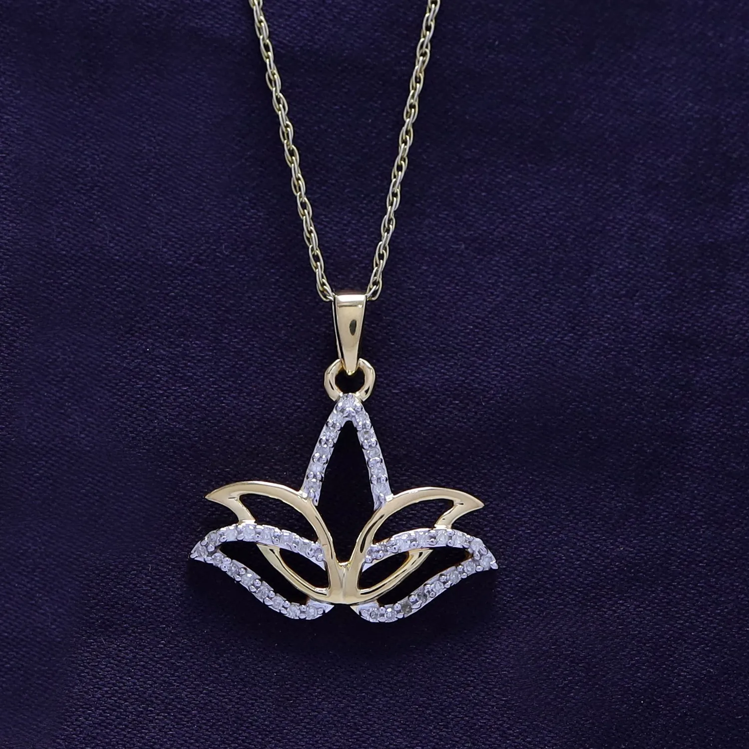Authentic Lotus Flower Pendant Necklace White Natural Diamond Yellow Gold Plated Silver
