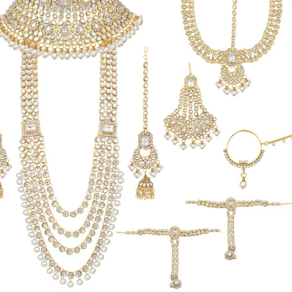 Authentic Ethnic Indian Traditional Gold Plated Kundan Dulhan Bridal Jewelry Set
