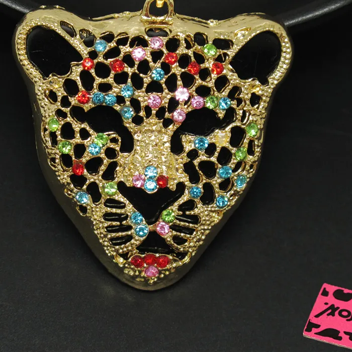 Authentic Women Gold-plated Sexy Leopard Head Color Crystal Pendant Necklace