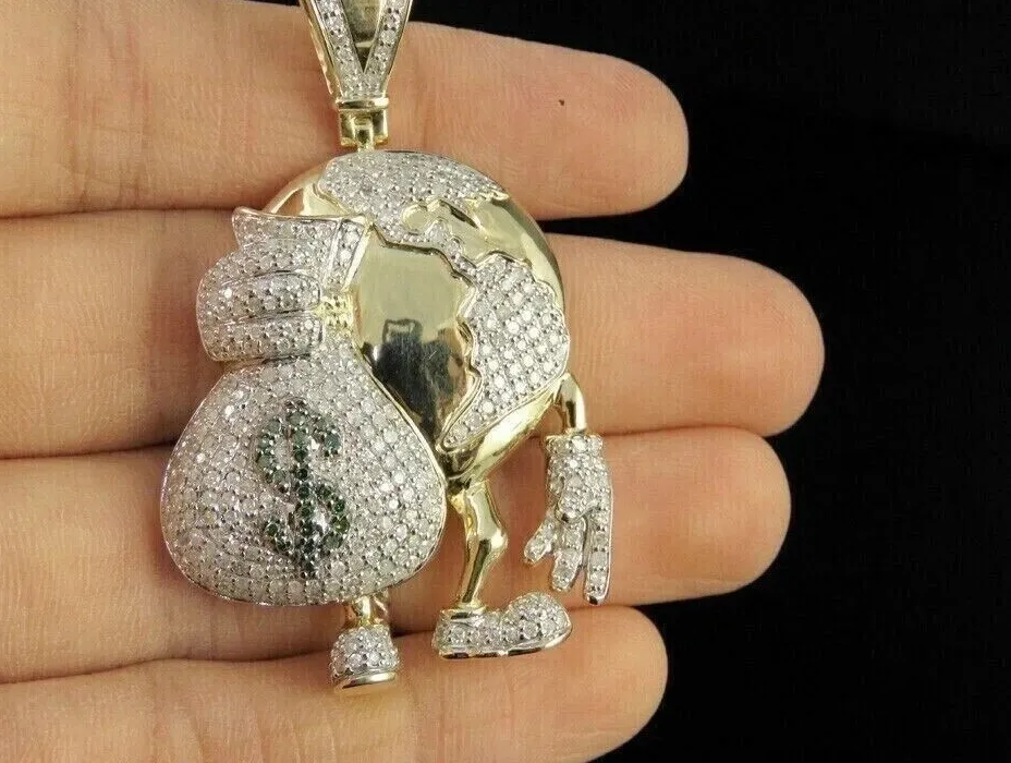 Authentic 2.10Ct Round Cut Real Moissanite Globe Money Bag Pendant 14K Yellow Gold Plated