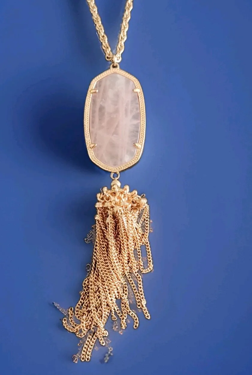 Authentic Kendra Scott RAYNE Rose Gold Plated Rose Quartz Long Tassel Necklace 28"