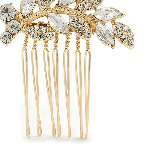 Authentic Small Bridal/ Wedding/ Prom/ Party Gold Plated Clear Crystal Leaf Hair Comb -