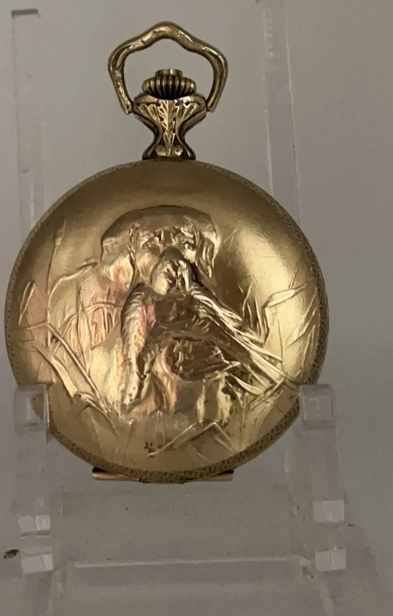 Authentic Pocket Watch Hebdomas 8 Day Gold Plated Dual Case Hunters Dogs Antique