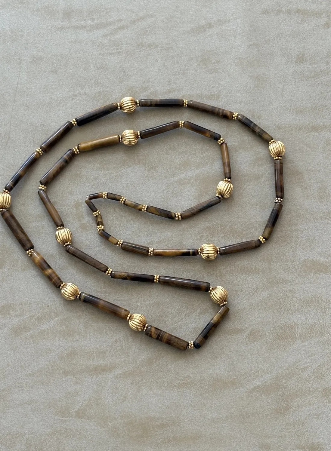 Authentic Vintage Handcrafted Tiger Eye Stone Necklace with Gold Plated Beads – 33” Long