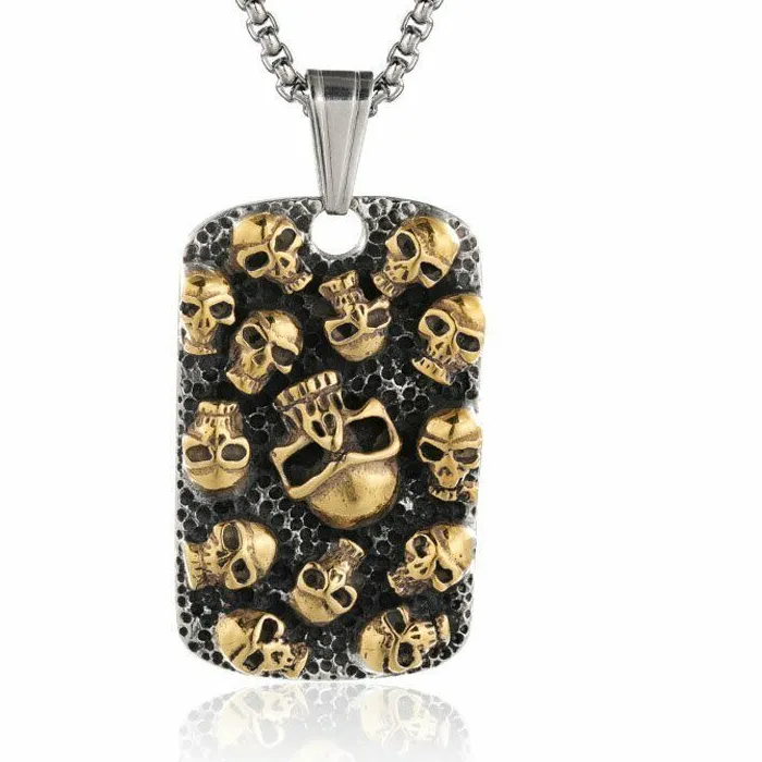 Authentic MENDEL Mens Gothic Gold Plated Skull Dog Tag Pendant Necklace
