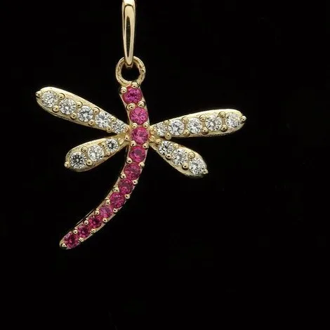 Authentic 0.40 CT Simulated Pink Sapphire Dragonfly Charm Necklaces 18K Yellow Gold Plated