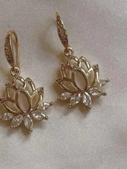 Authentic "Lotus Flower" Dangle Earring 14K Yellow Gold Plated 2Ct Marquise Cut Moissanite