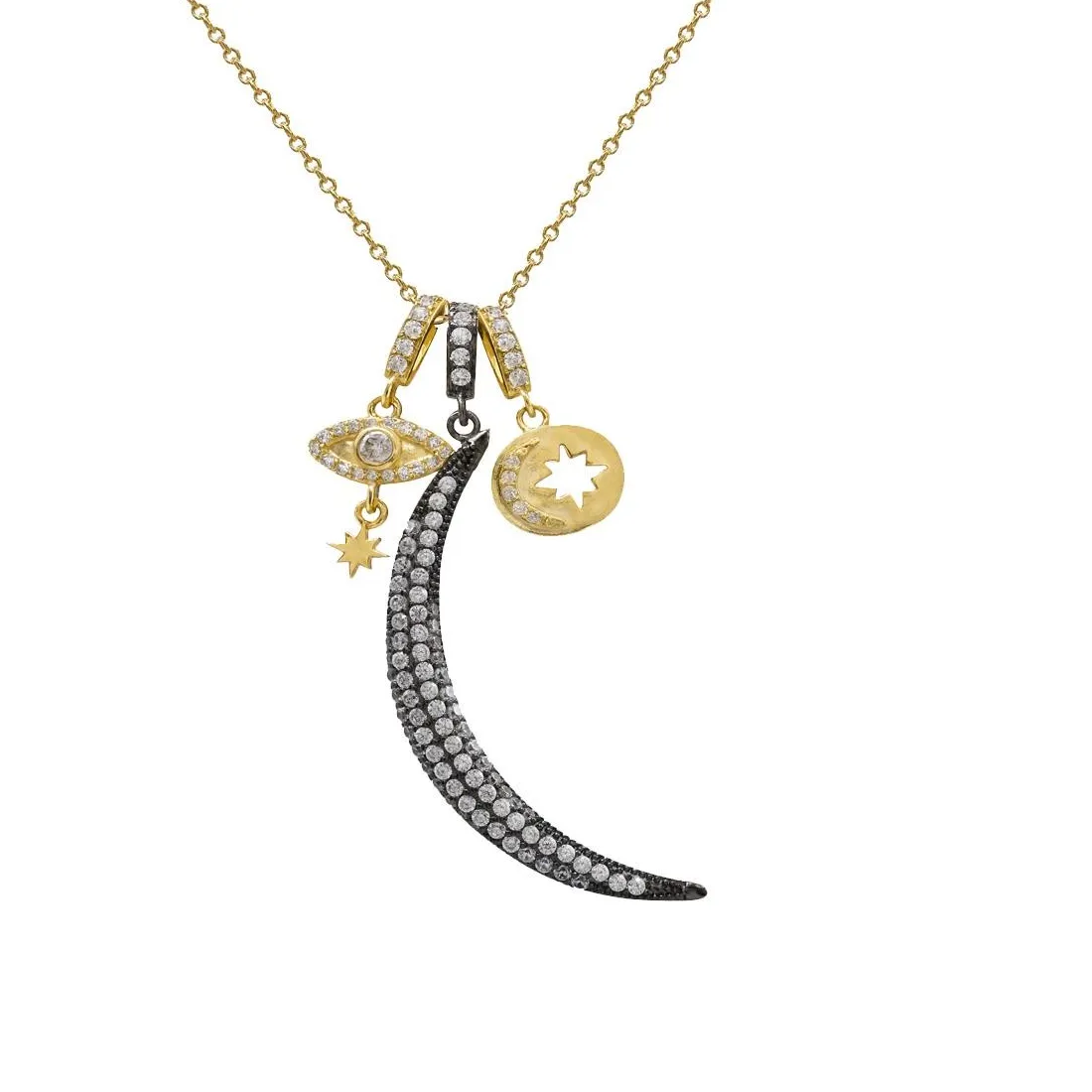 Authentic 14K Gold Plated Black Crescent Moon Evil Eye CZ Necklace 16-18" Adjustable