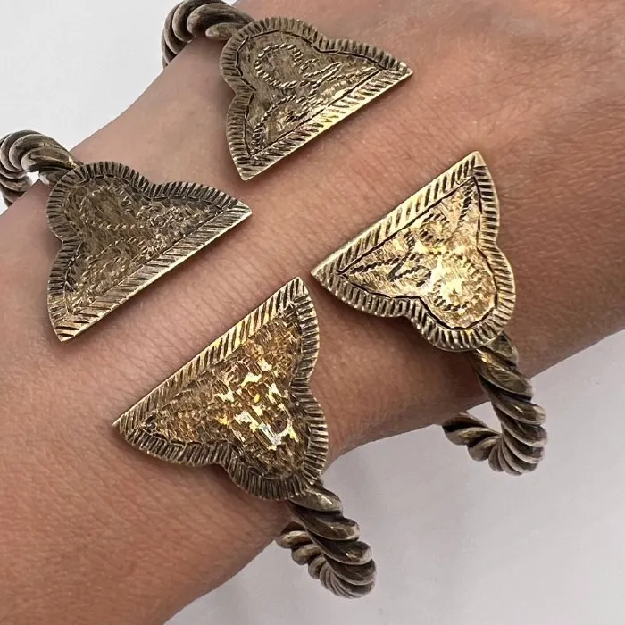 Authentic Antique Ethnic Tribal Bracelets Pair 925 Sterling Silver Gold Plated Israel 88g