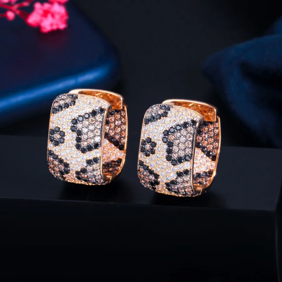 Authentic Sexy Women Leopard Print Cubic Zirconia Gold Plated Square Huggie Hoop Earrings