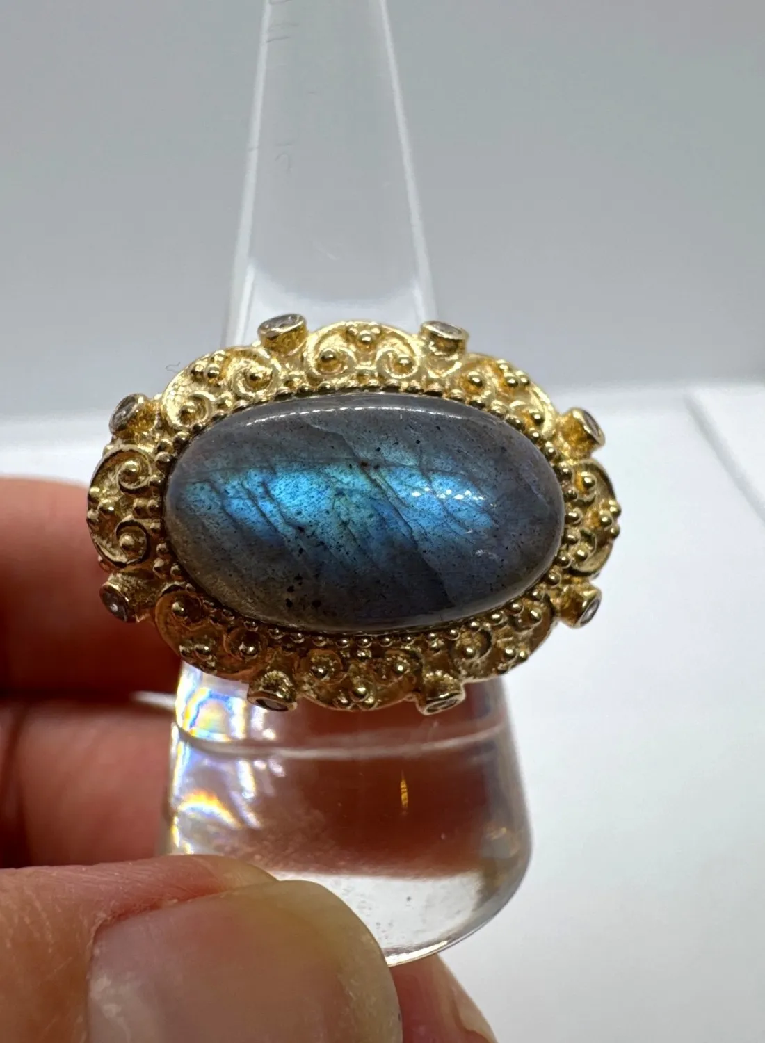 Authentic Sterling Silver Labradorite Ring Gold Plated OT 925 Turkey Ornate Statement Sz 8