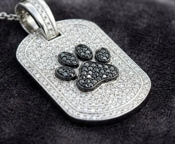 Authentic 4ct Round Simulated Black & White Diamond Dog Tag Pendant 14k White Gold Plated