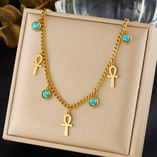 18K Gold Ankh Cross Turquoise Charm