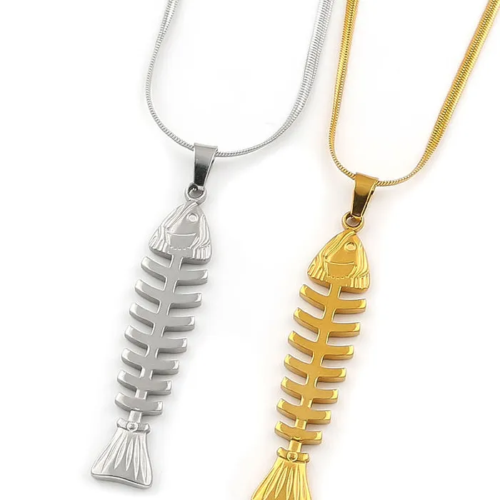 Fish Bone Skeleton Pendant Necklace Gold