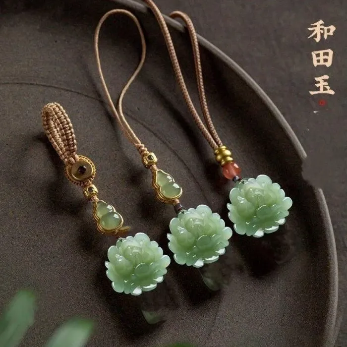 Jade Flower Pendant Necklace Keychain Jewelry