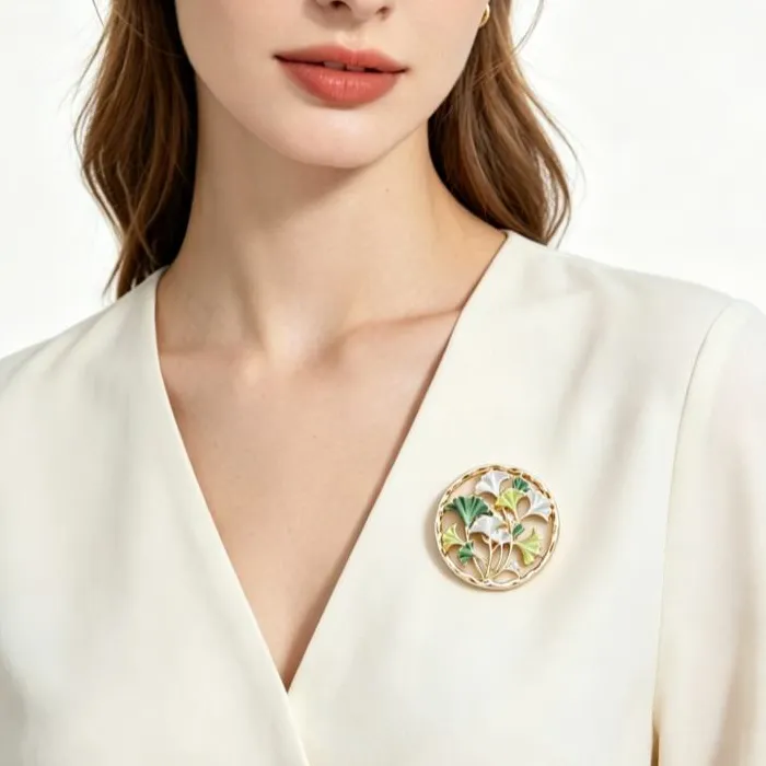 Ginkgo Leaf Brooch Vintage Hollowed-Out Round