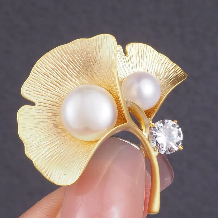 Gold Ginkgo Leaf Brooches Pins Crystal