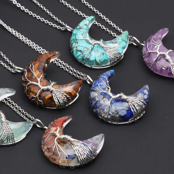 Crystal Moon Pendant Necklace Tree of